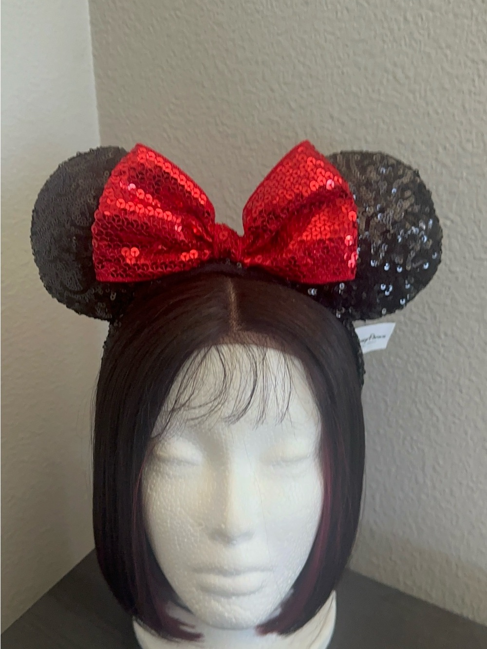 Disney Parks Classic Sequin Minnie Ear Headband with Red Sequin Bow.